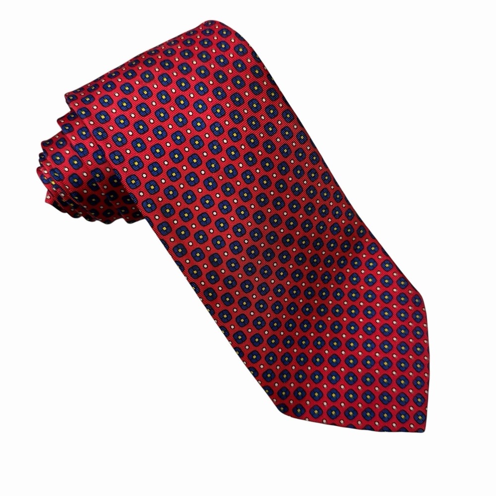 J. Press Mens Tie Geometric Red/Navy Satin Silk Ireland 3 3/8" (W) x 58" (L) euc
